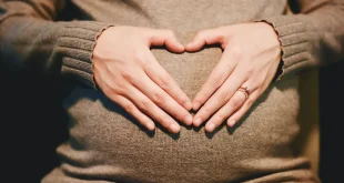 Mains anonymes posées sur un ventre de femme enceinte, intérieur lumineux