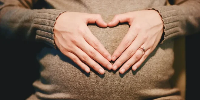 Mains anonymes posées sur un ventre de femme enceinte, intérieur lumineux